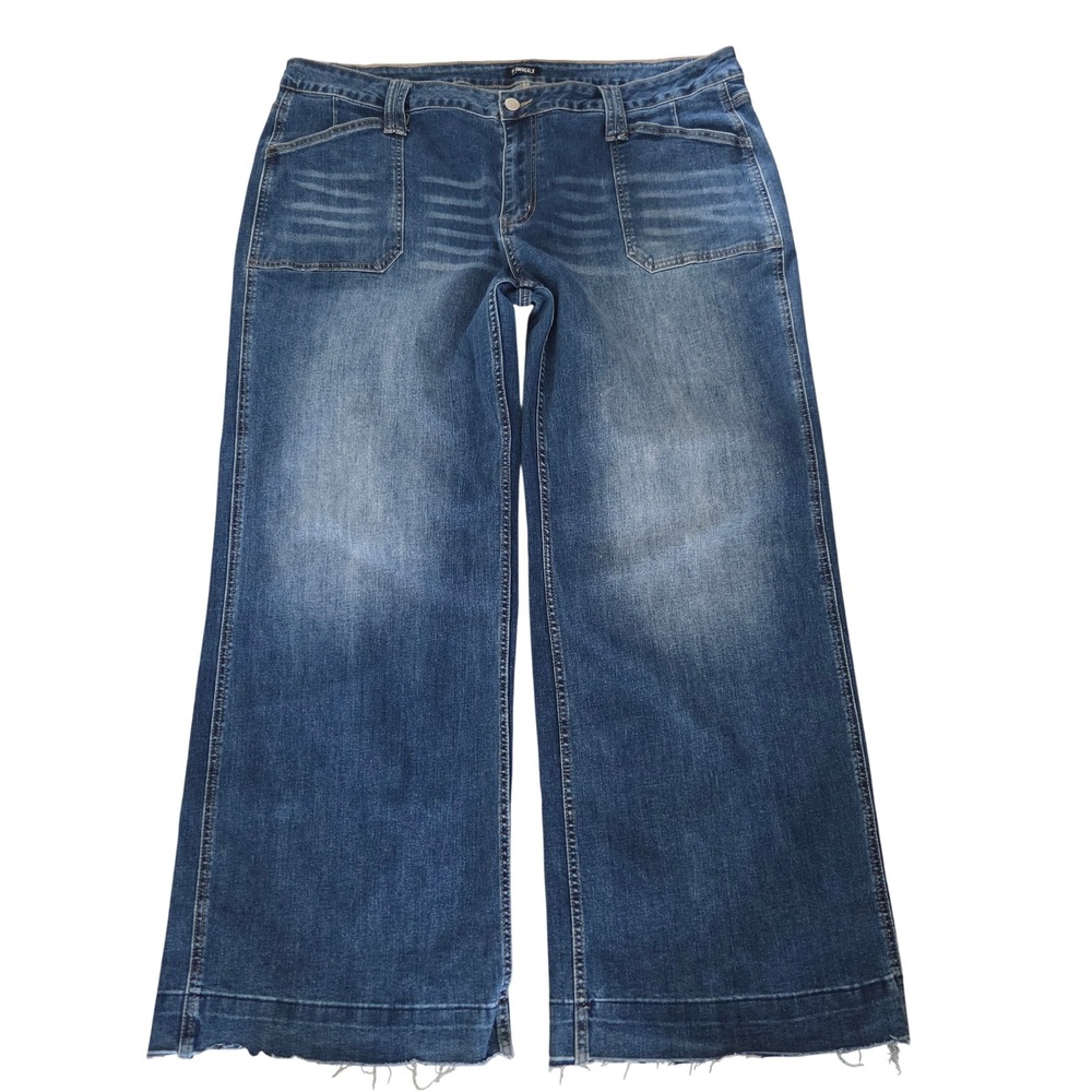 Flamingals Womens 4XL Wide Leg Jeans Medium Wash Raw Hem Stretch Denim Pants